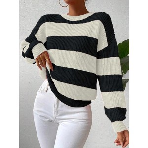 Women's Striped Knit Pullover Sweater Casual Color Block Crewneck Long Sleeve Top - 1 of 4