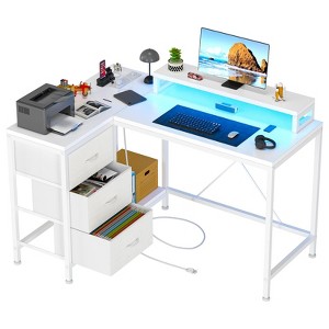 43 Inch Computer Desk, L Shaped Desk with Power Outlets and Led Lights, 3-Drawer Gaming Desk with Storage Shelves and Monitor Stand - 1 of 4