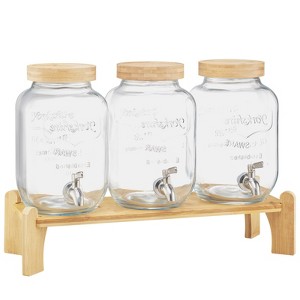 VEVOR Beverage Dispenser, 3 Pack 1 Gallon Drink Dispensers for Parties, Glass Juice Dispenser with Wood Stand, Stainless Steel Spigot,Infuser, Clear - 1 of 4