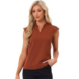 Allegra K Women's Work Office V Neck Stand Collar Lace Cap Sleeve Basic Blouse - 1 of 4