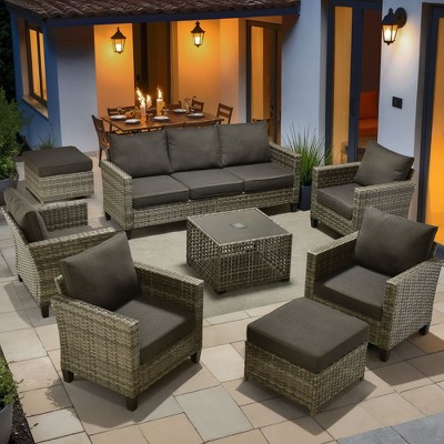 XIZZI Outdoor Sectional Sofa Set, Modular Outdoor Gray Wicker Sofa Set with Optional Solar Table, Ottomans or Fire Pit in 6 Colors, All-Weather Design