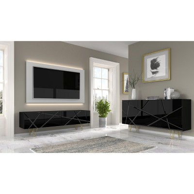 Black Gloss Modern TV Stand with Gold Metal Legs and Cabinet