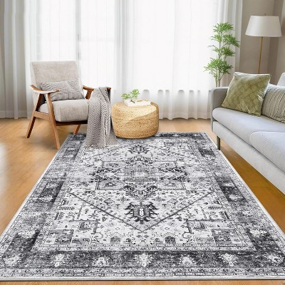 Area Rug, Vintage Low Pile Distressed Carpet, Non-Slip, No-Shedding, Stain-Resistant, Machine Washable, Living Room/Bedroom/Dining/Office