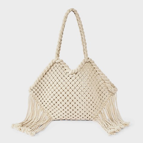 Universal Thread Hand Crafted Cotton Macrame Fringe Tote Bag - Universal Thread™ Cream