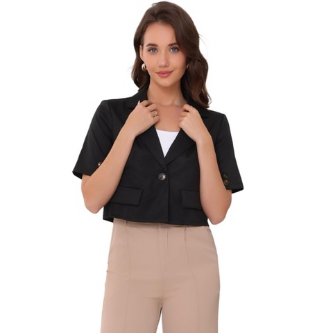 INSPIRE CHIC Women's Business Casual Short Sleeve One Button Notched Collar Work Cropped Blazer Black Small