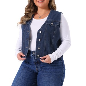 Agnes Orinda Women's Plus Size Sleeveless V Neck Button Down Casual Denim Vest - 1 of 4