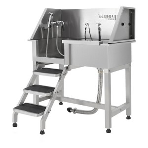 coucheta 38" Professional Stainless Steel Dog Washing Station – Dog Bathtub with Ramp, Non-Slip Grate, Left Stairs & Sliding Door for - 1 of 4