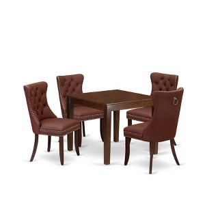 East West Furniture, 5 Piece Modern Dining Table Set Includes a Square Kitchen Table and 4 Upholstered Parson Chairs, Mahogany - 1 of 4