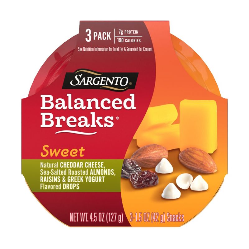 Sargento Sweet Balanced Breaks Natural Cheddar Cheese, Sea-Salted Roasted Almonds, Raisins and Greek Yogurt Flavored Drops - 4.5oz/3ct, 1 of 11