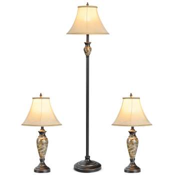 Tangkula Table and Floor Lamp Set, 3PCS Traditional Style Lamp Set with Linen Fabric Lamp Shades and Weighted Bases, 29" and 61" (H)