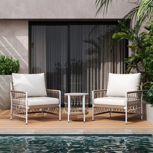 Hrinhom 3-Piece Outdoor Chair Set,Patio Conversation Set with 2 Lounge Chairs & Glass Top Table,Waterproof Cushion - 1 of 4