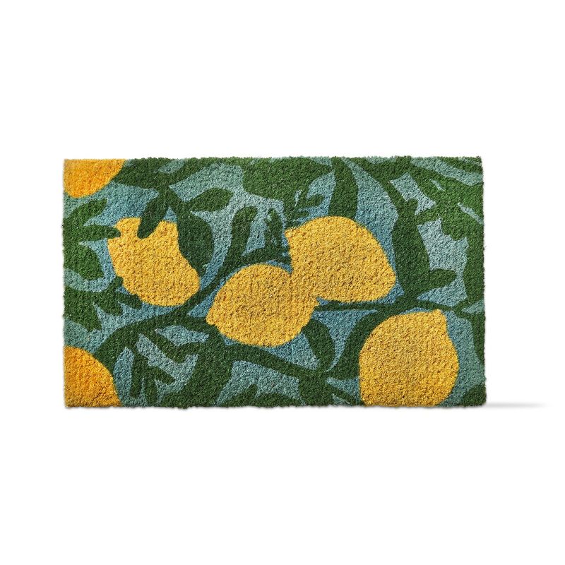TAG 1'6"x2'6" Lemon Large Size Lemon Vine Print Rectangle Indoor and Outdoor Coir Door Welcome Mat Yellow on Blue Background, 1 of 4