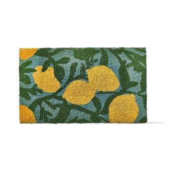 TAG 1'6"x2'6" Lemon Large Size Lemon Vine Print Rectangle Indoor and Outdoor Coir Door Welcome Mat Yellow on Blue Background