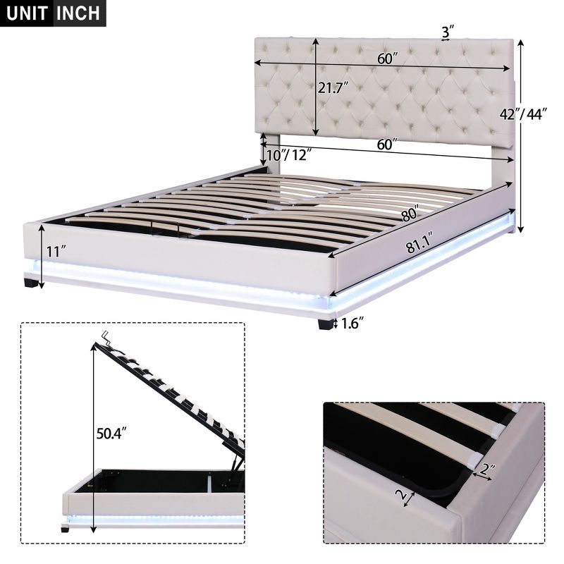 Queen Size Upholstered Storage Platform Bed with Adjustable Tufted Headboard and LED Light-ModernLuxe, 4 of 12