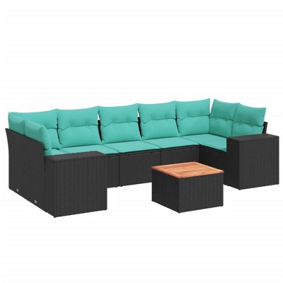 vidaXL 8 Piece Patio Sofa Set with Cushions Black and Blue Poly Rattan