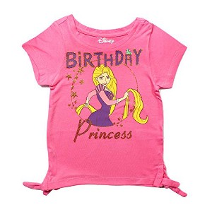 Disney Girl's Rapunzel Birthday Princess Glitter Print Short Sleeve Side Tie Graphic Tee - 1 of 2