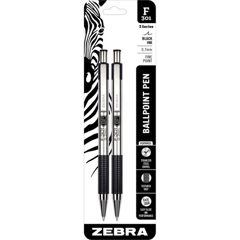 Zebra Pen Fine Point F-402 Ballpoint Stainless Steel Pen, 0.7mm Black Ink,  2 Black Ink Retractable Metal Pens with 2 Black Ink Refills in Pack, 0.7mm