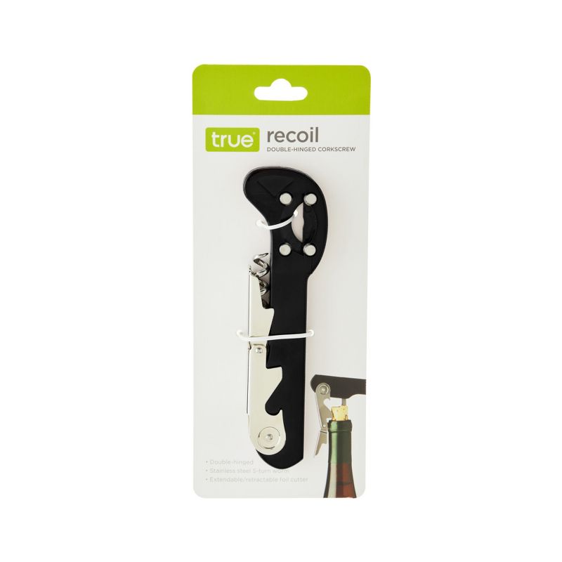 True Recoil Double Hinged Corkscrew, Classic Black Wine Key with Extendable 4 Wheel Foil Cutter, 5 of 6
