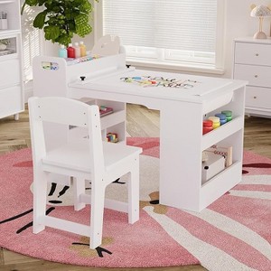 Kids Art desk, Large Kids Craft desk with 2 Chairs, Multi-Functional Art Desk with Storage Shelves for Children Room, Kindergarten, Playroom,School - 1 of 4