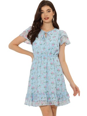 INSPIRE CHIC Women's Ruffle Sleeve Self-Tie V Neck Mini A-Line Floral Dress