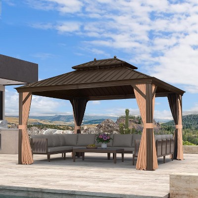 PURPLE LEAF Garden Bronze Double Roof Aluminum Frame Pavilion And Khaki Curtain  Outdoor Hardtop Gazebo