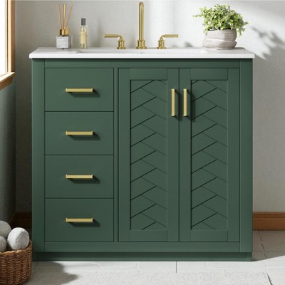 Mshliw 36'' Bathroom Vanity with Ceramic Sink, Solid Wood Frame Freestanding Cabinet with 3 Drawers and 2 Soft Close Doors