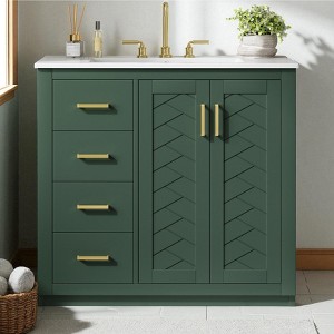 Mshliw 36'' Bathroom Vanity with Ceramic Sink, Solid Wood Frame Freestanding Cabinet with 3 Drawers and 2 Soft Close Doors - 1 of 4