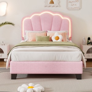 CAVINAS Twin/Full Size Upholstered Platform Bed Frame with Flower-Shaped Headboard & LED Lights,No Box Spring Needed - 1 of 4