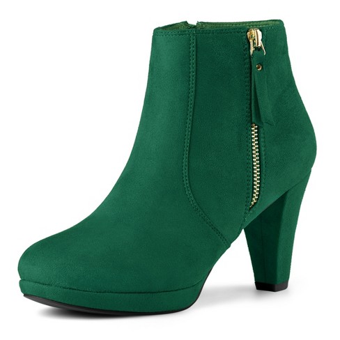 Green leather ankle boots with a thick heel K1660