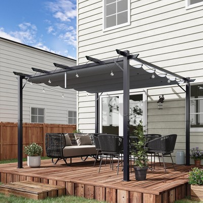 Dark Gray Aluminum Pergola with Retractable Canopy, 10' x 10'