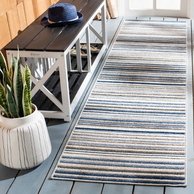 Grey and Blue Geometric Striped Indoor/Outdoor Runner Rug