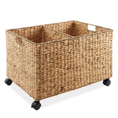 Natural Wicker Rolling Storage Basket with Lid and Wheels