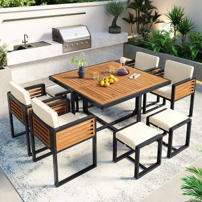 9 Pieces Wood Outdoor Patio Dining Set,Outdoor Square Dining Table and Upholstered Chairs with Ottomans,Garden Dining Set for Deck-Coolbibila