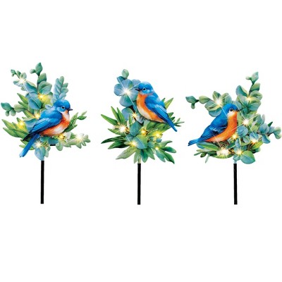Collections Etc Solar Powered Bluebirds and Greenery Outdoor Garden Stakes - Set of 3