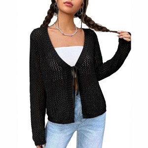 Womens Lightweight Crochet Cardigan Tie Front Shrugs Knit Cardigan Crop Tops Long Sleeve Mesh Sweaters Summer Beach Cover Up - 1 of 4