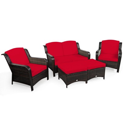 Tangkula 5 PCS Patio Rattan Sectional Sofa Set Outdoor Furniture Conversation Set Cushioned Loveseat Sofa Ottoman