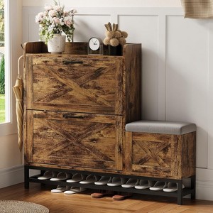 Shoe Cabinet with Bench, Slim Farmhouse Shoe Storage, 2 Flip Drawers for Entryway, Hallway, Living Room, White - 1 of 4