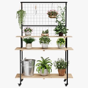 3-Tier Metal Ladder Flower Plant Shelf Heavy Duty Plant Stand with Hanging Plant Pot Shelf with Wheels Gridwall Display Stand with Gridwall Panels - 1 of 4