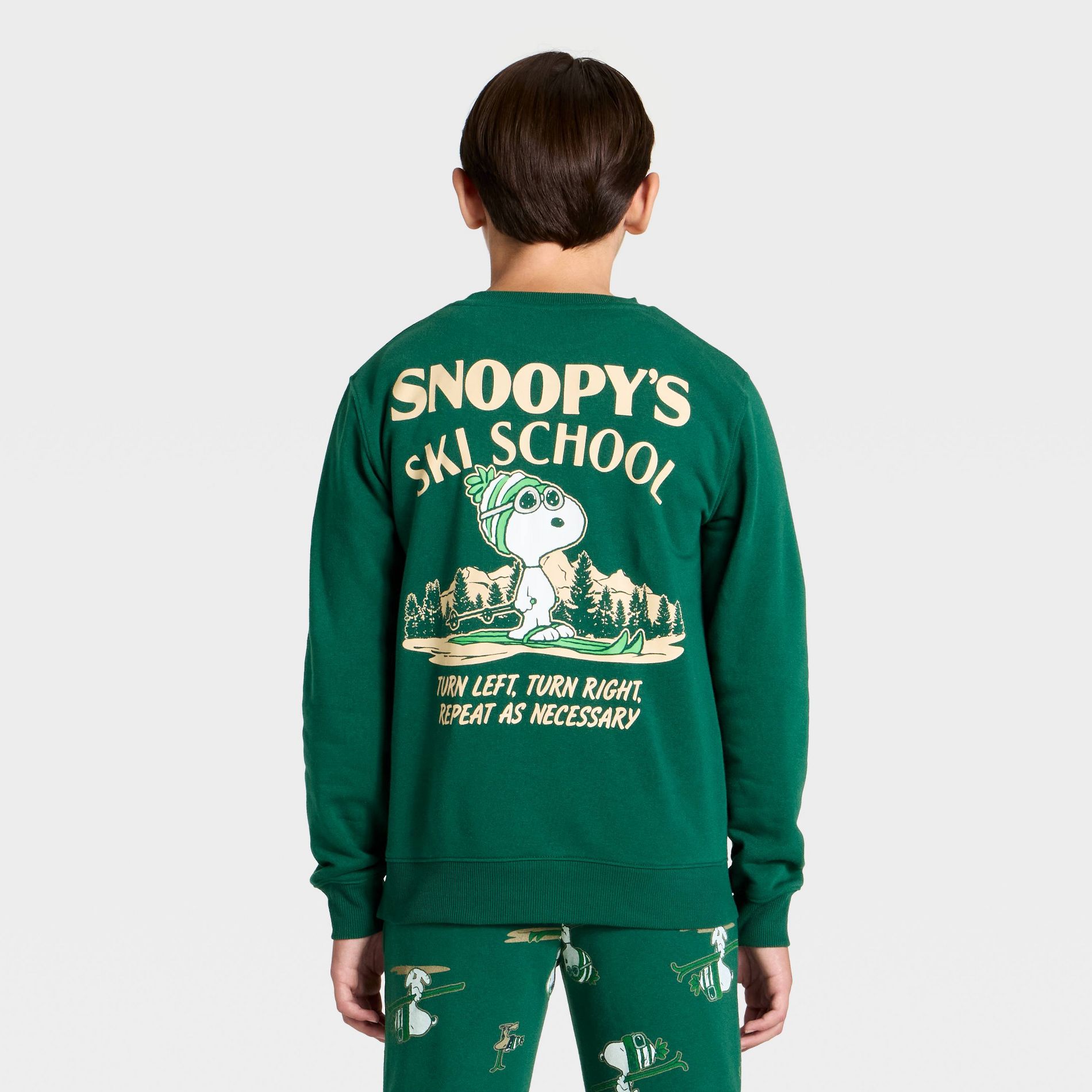 Boys' Snoopy Ski School Fleece Front and Back Graphic Sweatshirt - Green