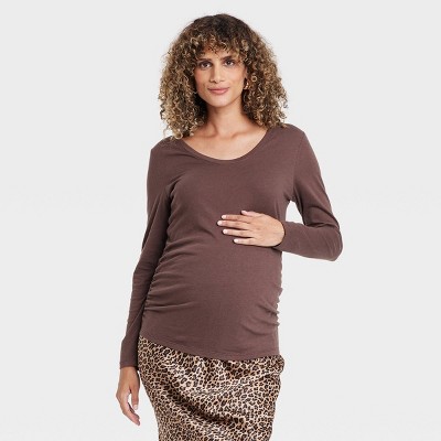 Image of Long Sleeve Fashion Scoop Neck Maternity T-Shirt - Isabel Maternity by Ingrid & Isabel™ Brown M