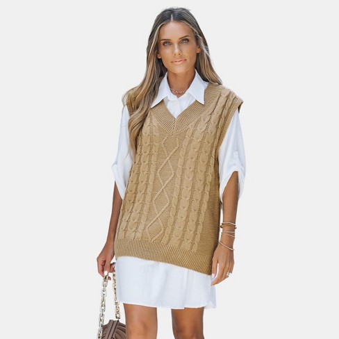 Women's Cable Knit V Neck Sweater Vest - Cupshe-m-brown : Target