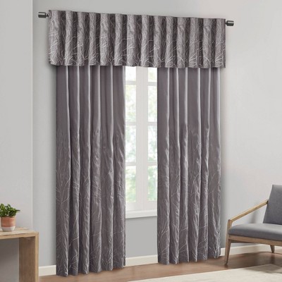 Gray Faux Silk Embroidered Puddle Length Curtain Panel