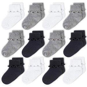 Cozyway Baby Girls Socks, Ruffle Ripple Edge Turn Cuff Ankle Socks Infants 0-9 Months - 12 Pack, Black, White and Gray - 1 of 4