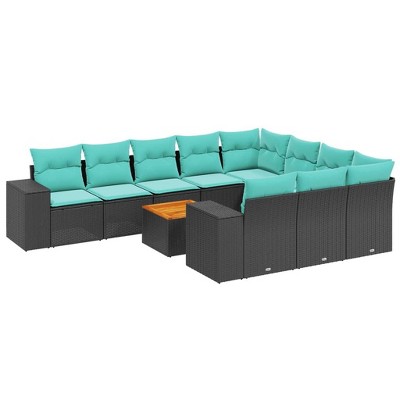 vidaXL 11 Piece Garden Sofa Set with Cushions Black Poly Rattan - 2x corner 6x middle table 2x sofa