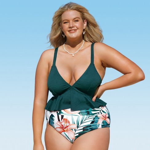 Women's High Waisted Green Floral Ruffled Plus Size Bikini Set- Cupshe  -green/white : Target