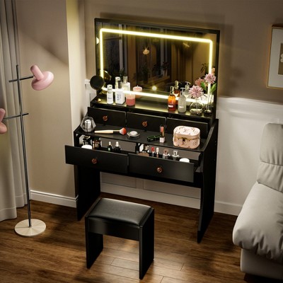 COMHOMA Vanity Desk with Mirror and Lights, Built-in Charging Station, Makeup Vanity Table and Chair Set, 3 Color Modes