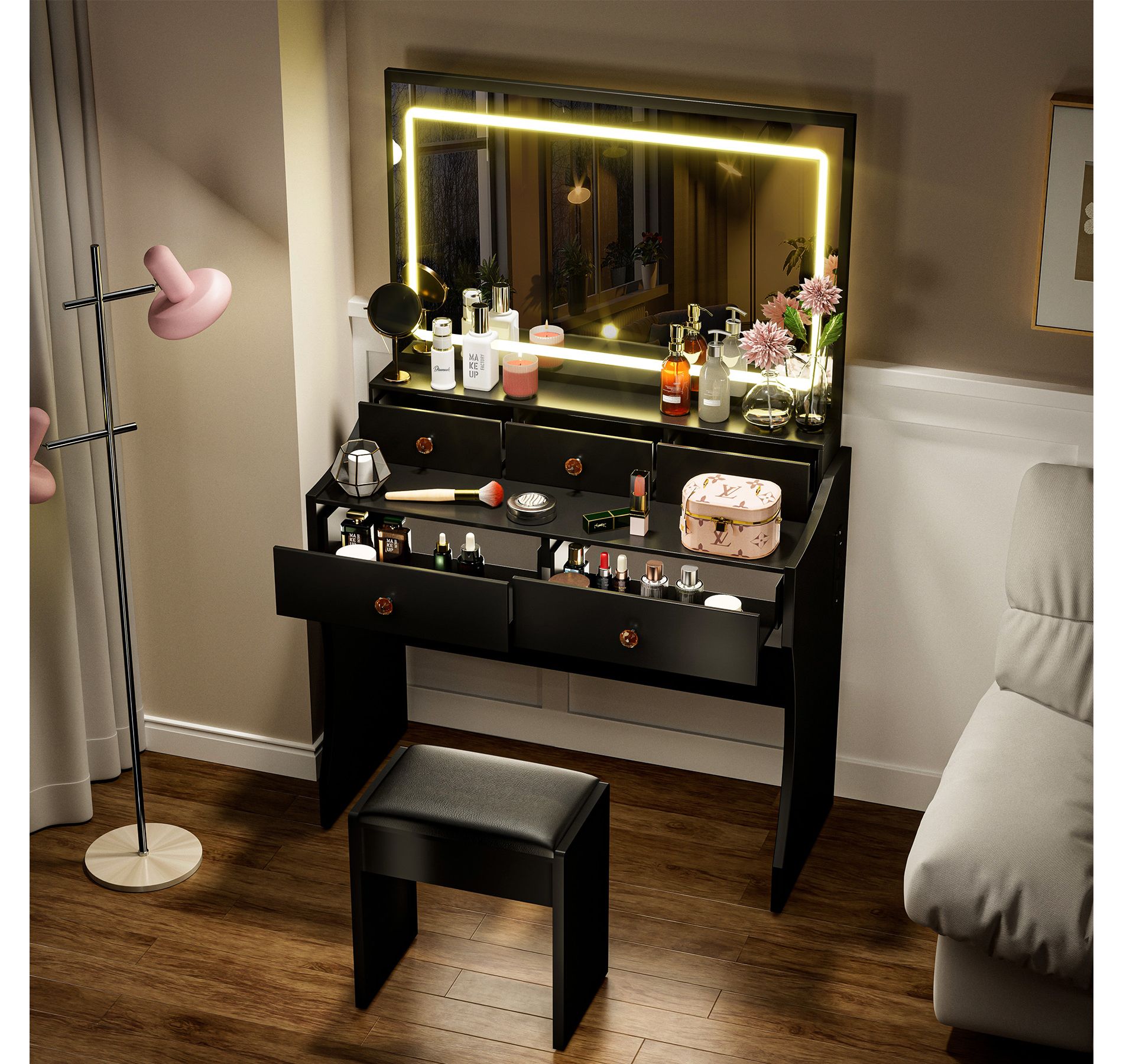 COMHOMA Vanity Desk with Mirror and Lights, Built-in Charging Station, Black Makeup Vanity Table and Chair Set, 5 Drawers, 3 Color Modes