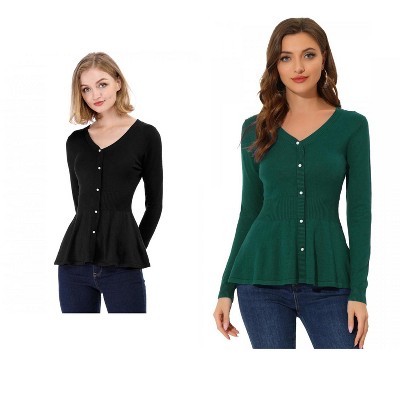 Allegra K Women's Slim Fit V-Neck Long Sleeve Ribbed Knitted Peplum Top 2 Packs