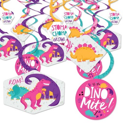 Big Dot of Happiness Roar Dinosaur Girl - Dino Mite Trex Baby Shower or Birthday Party Hanging Decor - Party Decoration Swirls - Set of 40