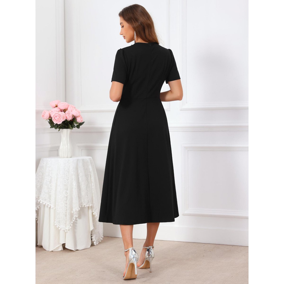 Женские платья INSPIRE CHIC Women's Evening Cocktail Beaded Rhinestones Crewneck Short Sleeve A-Line Formal Dress X-Large Black — фото 4